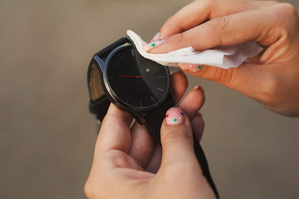 Cuidar el reloj de mujer limpiándolo con un paño de microfibra