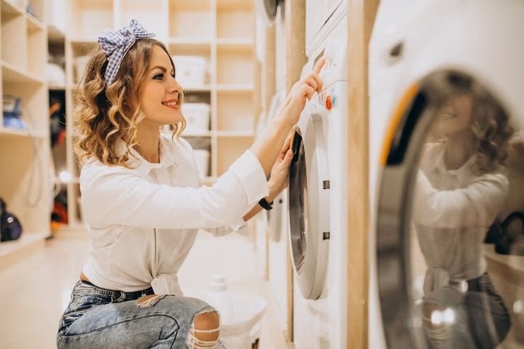 Una mujer presionando un botón en una lavadora