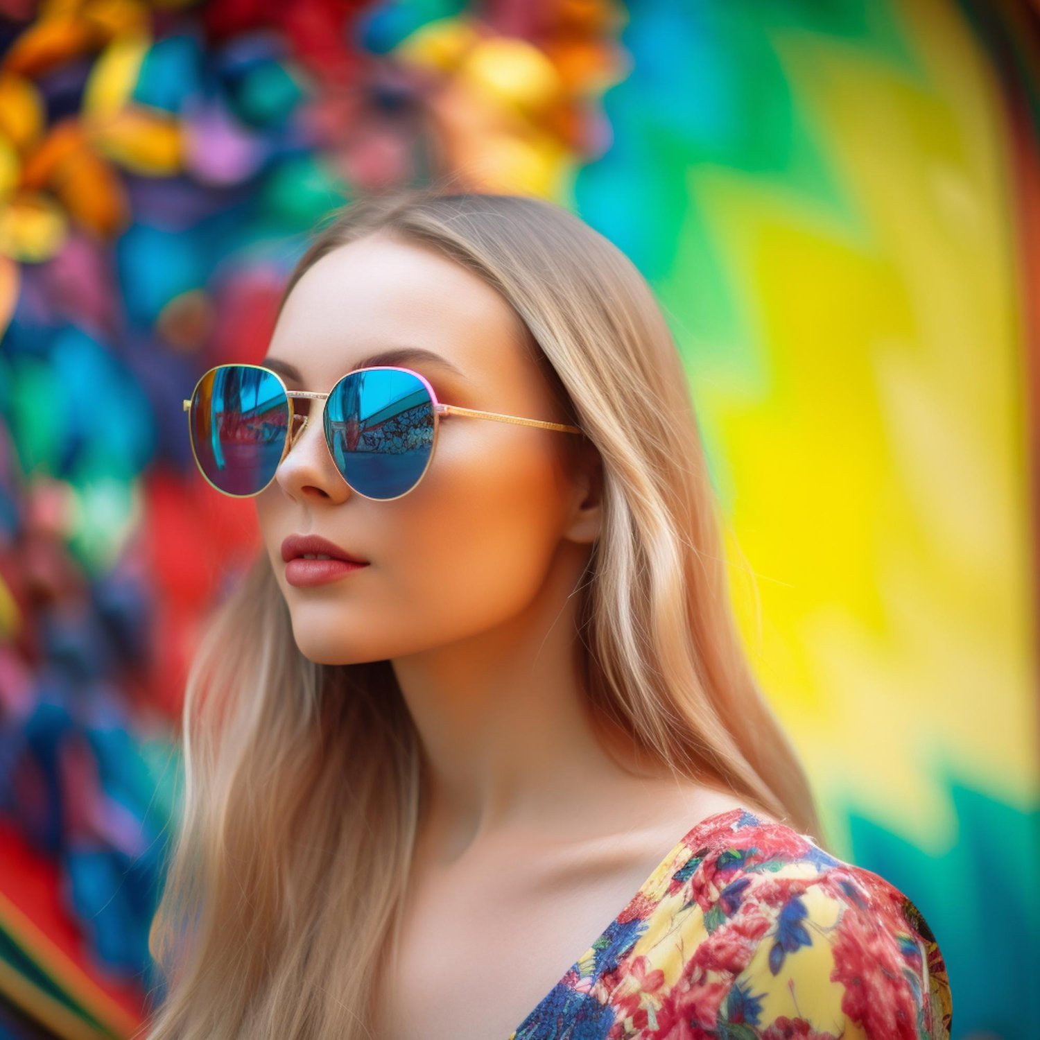 Femme avec des lunettes de soleil réfléchissantes bleues avec un background coloré