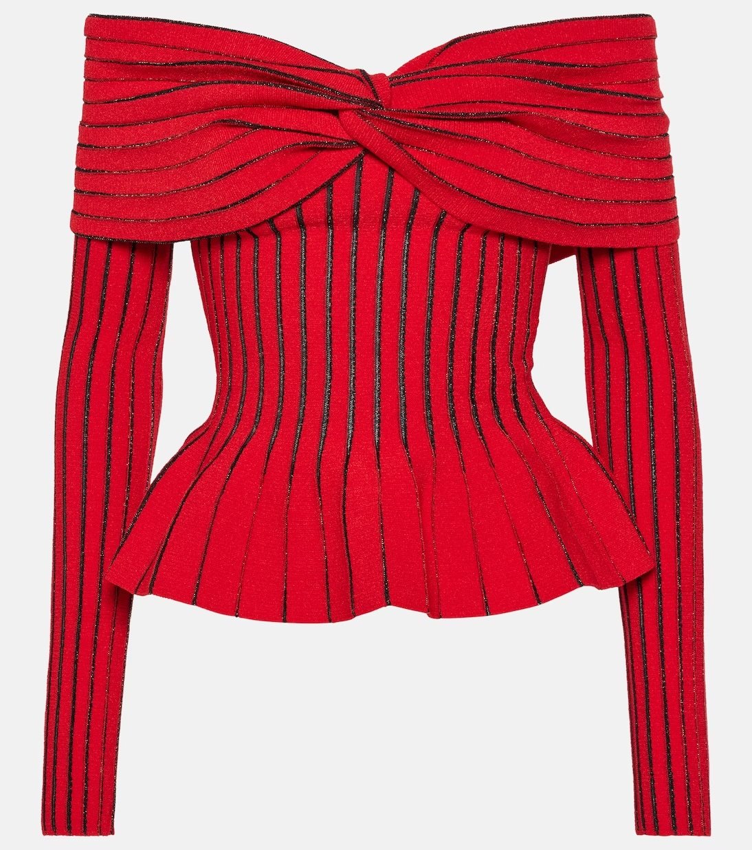 Top rojo con escote Bardot Balmain