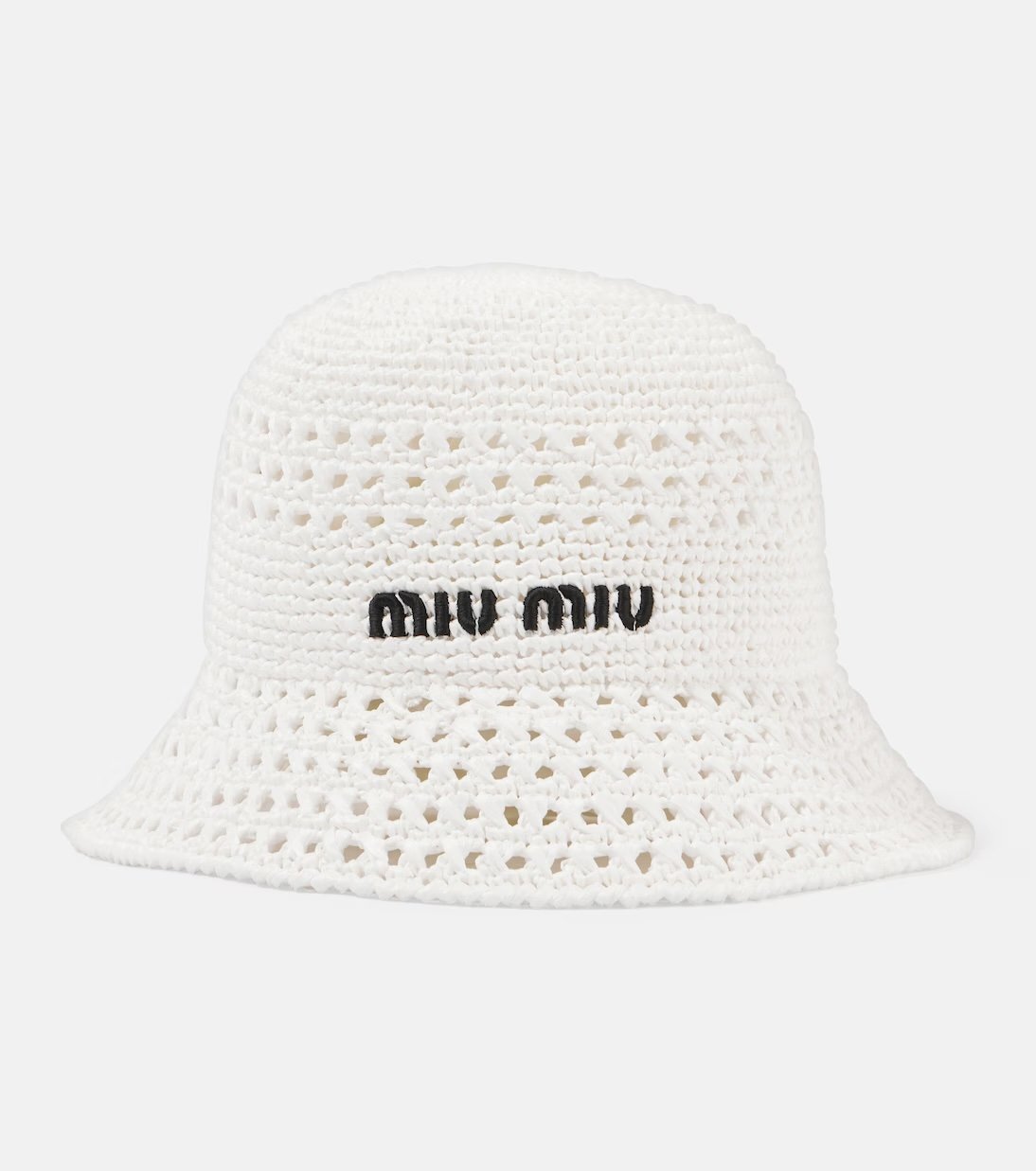 Gorro de crochet blanco con logo Miu Miu