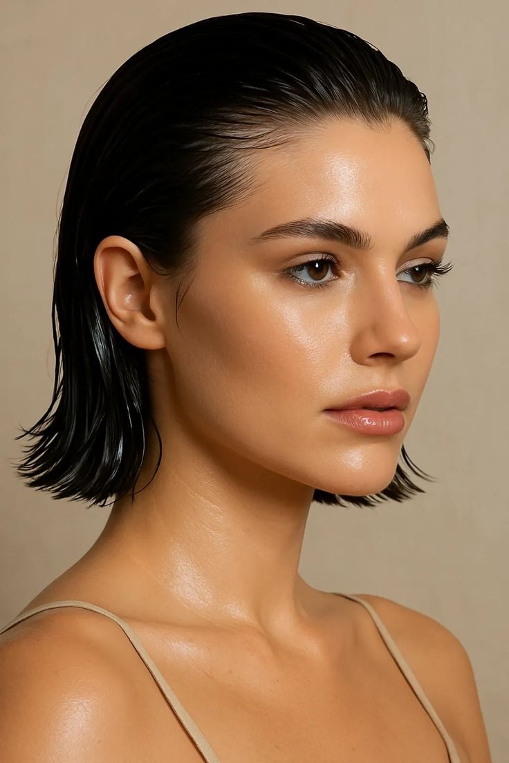 Sleek Wet Look Hair 2025 💧 Chic Short Hairstyle for Clean Girl Glam Summer Minimalism
