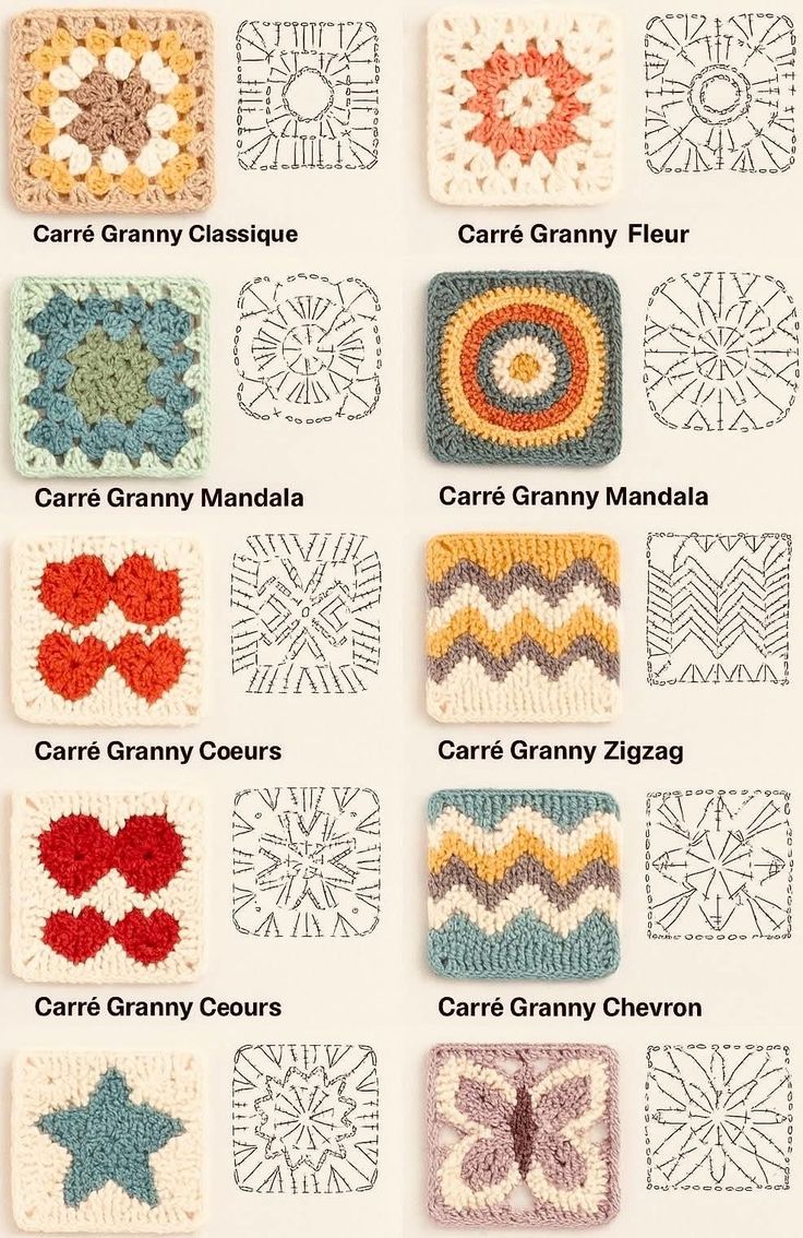 Exemple de motifs sur granny square en crochet