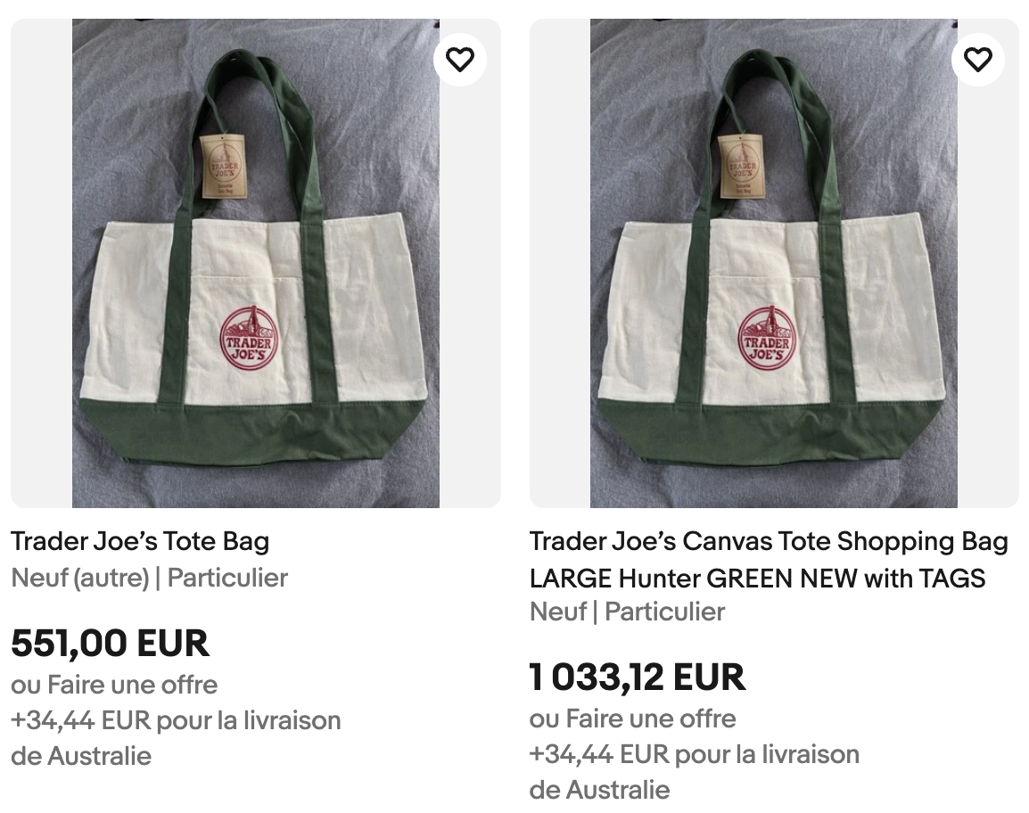 Reventa de la bolsa de algodón Trader Joe's en Ebay